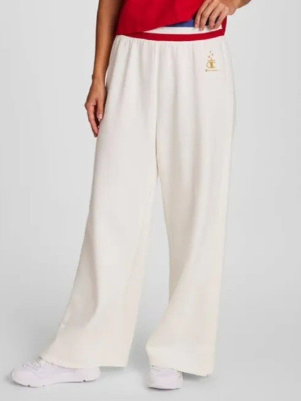 Champion Womens Wide Leg Snap Track Pants White Gold Logo Athleisure Medium New